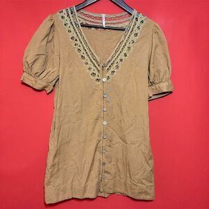 Free People Mari Mini‎ Dress XS Tawny Brown V-Neck Puff Sleeve